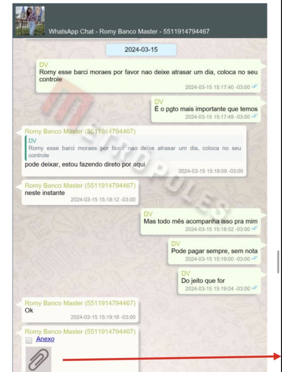 Conversa de WhatsApp em que Vorcaro cobra prioridade no pagamento ao escritório Barci de Moraes