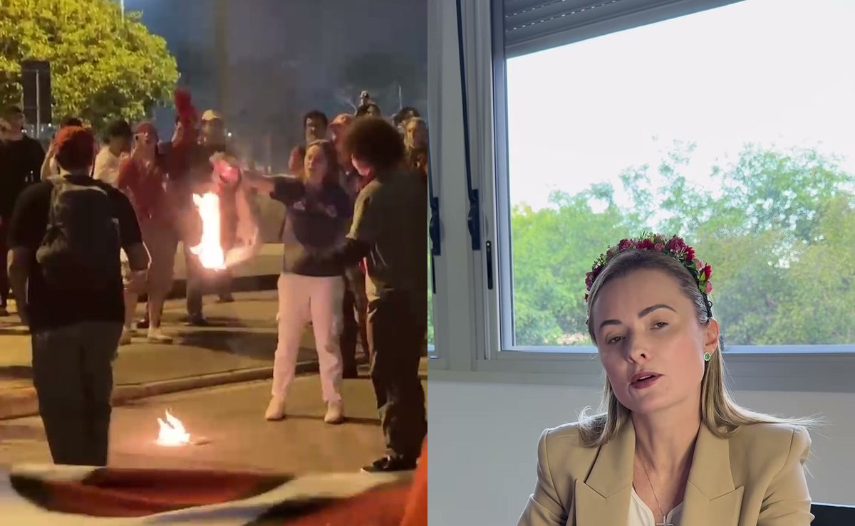 Aos gritos de “fogo nos fascistas”, apoiadores de Lula incendeiam boneco de Júlia Zanatta em Florianópolis