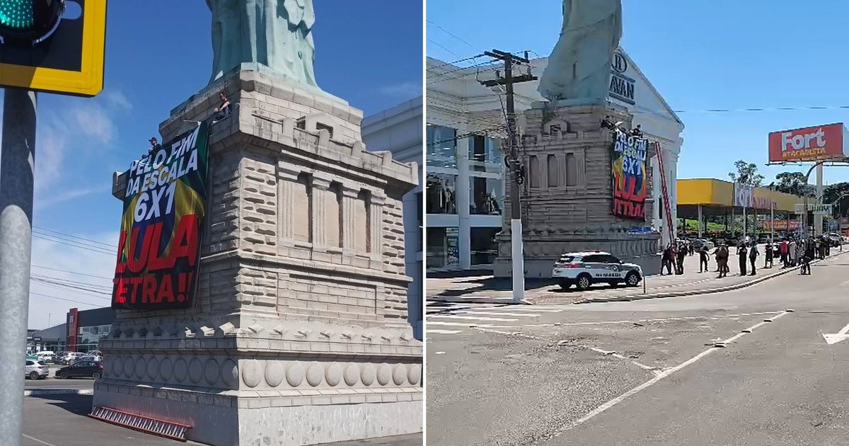 Bandeira com “Lula Tetra” e fim da escala 6×1 é pendurada na Estátua da Liberdade da Havan em Criciúma