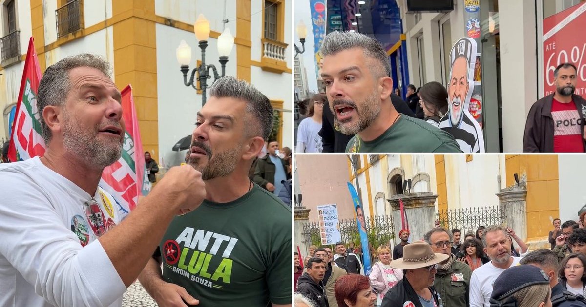 Bruno Souza leva placa de Lula presidiário à Esquina Democrática e confusão com petistas mobiliza a Guarda