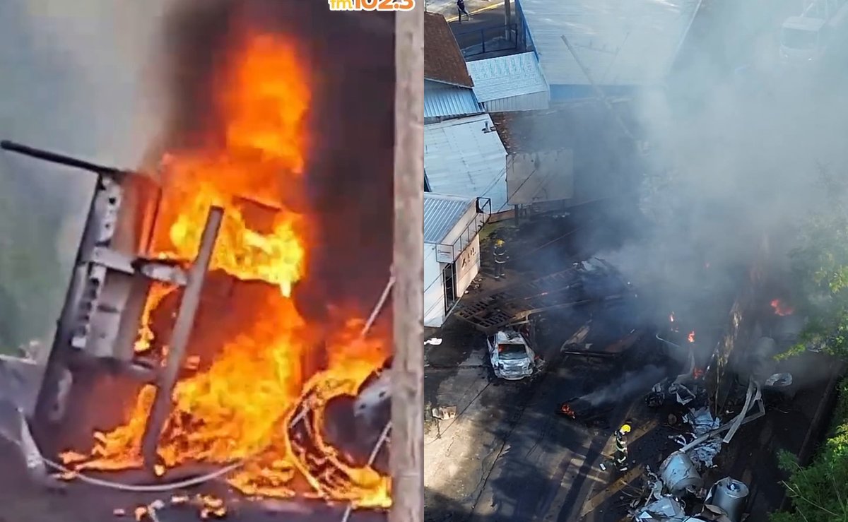 Câmera flagra carreta com bobinas de papel descendo a serra antes de atingir 4 veículos e pegar fogo em SC