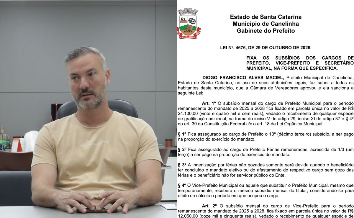 Menos de um minuto: vereadores aprovam e prefeito de Canelinha sanciona novos salários de até R$ 24,1 mil