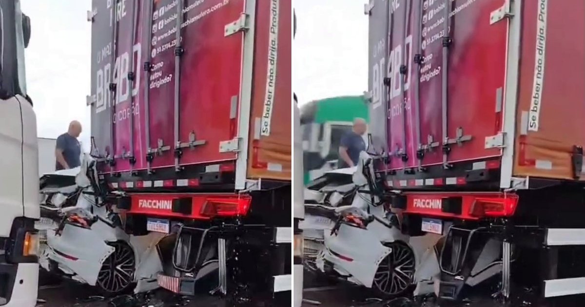 “Tu não vai acreditar”: carro fica esmagado entre duas carretas em acidente na BR-101 em Joinville