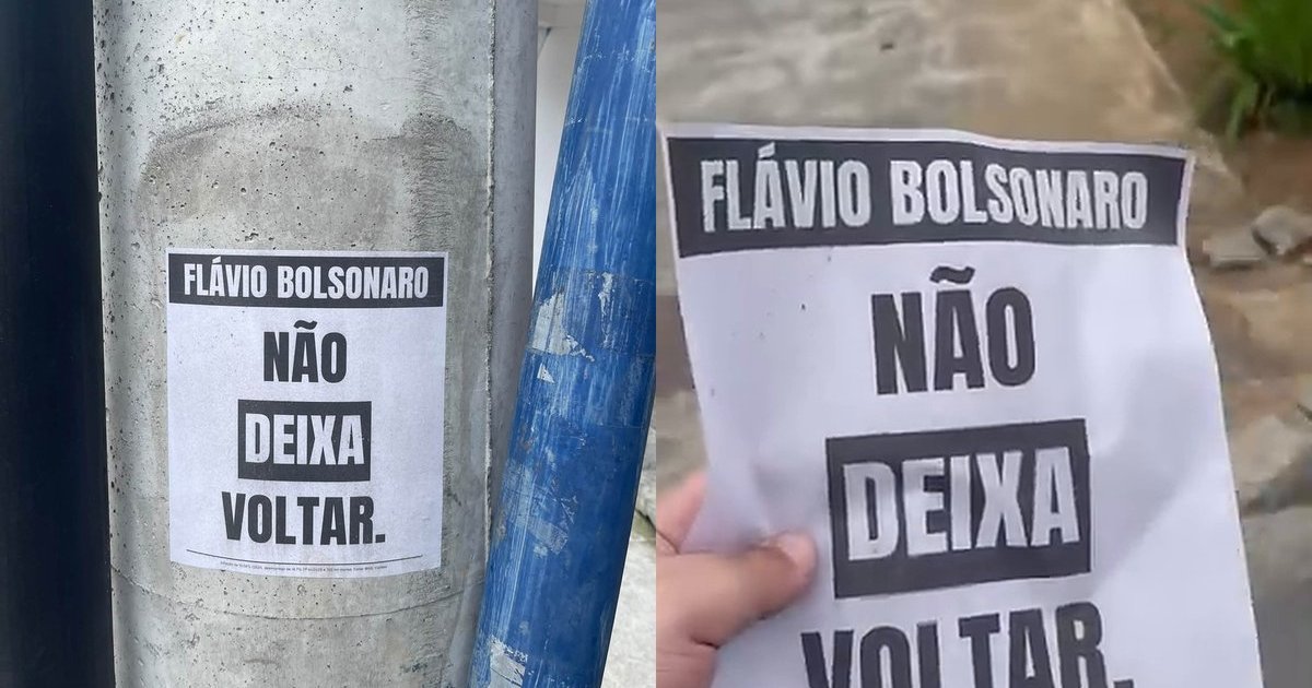 “O PT tá desesperado”: cartazes anônimos contra Flávio Bolsonaro aparecem em postes de Itajaí