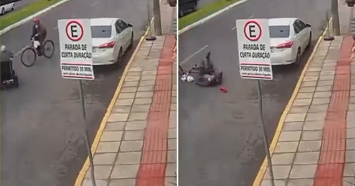 Ciclista na contramão tenta desviar de triciclo, escolhe o mesmo lado e acaba de pernas para o ar em SC