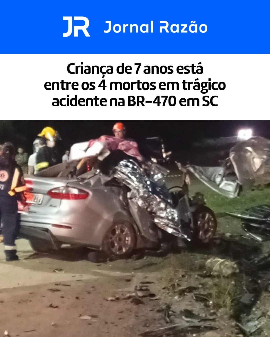 Ford Fiesta com placas de Caçador destruído após a batida de frente na BR-470, em Lontras