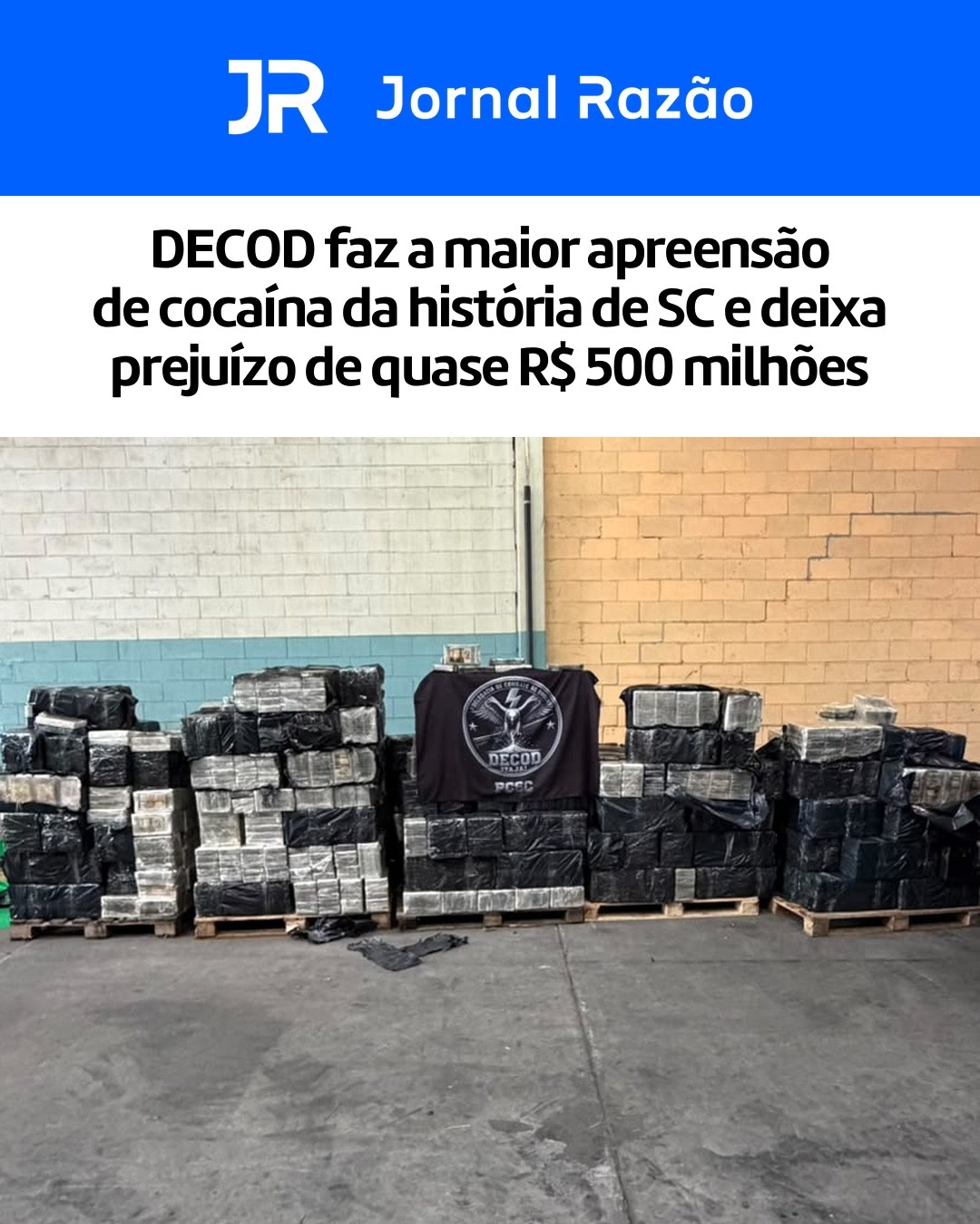 Visão geral da droga apreendida pela DECOD de Itajaí