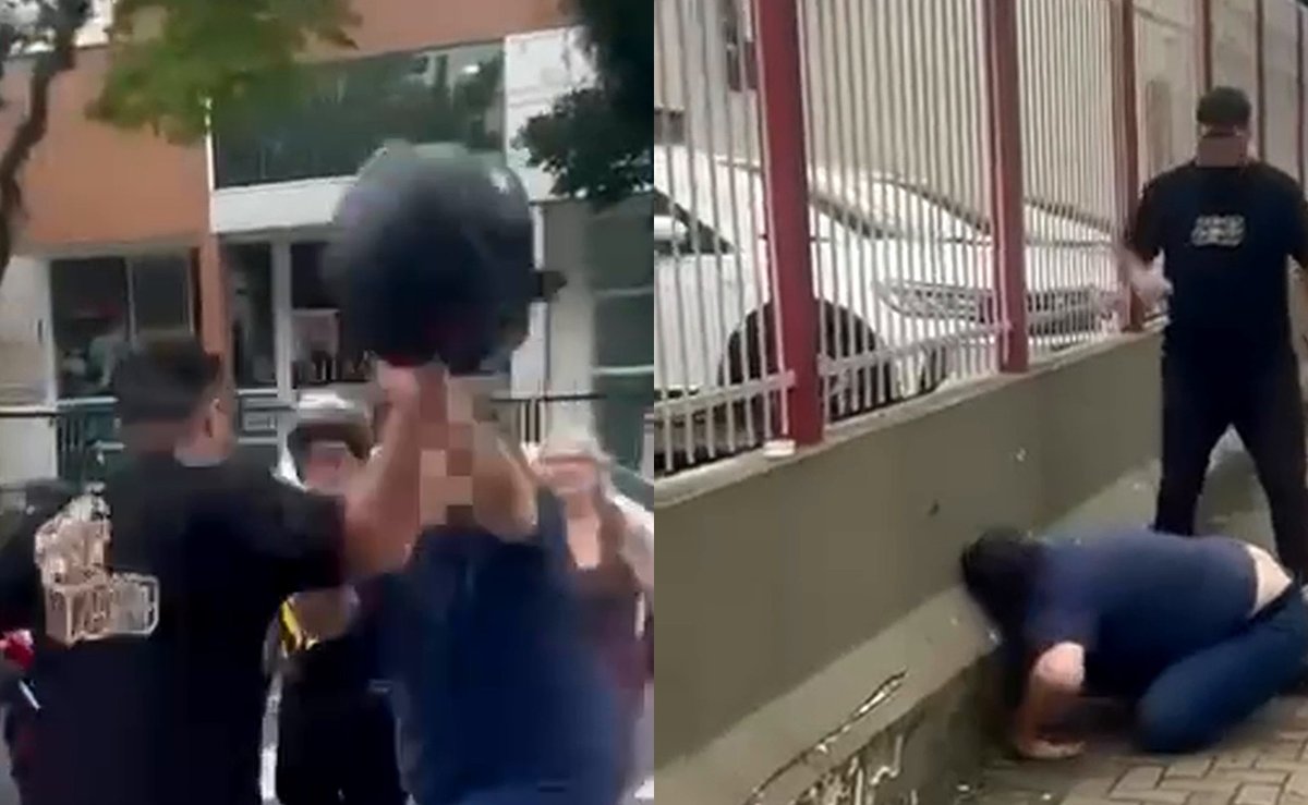 Discussão no semáforo vira briga com capacete, e homem acaba caído de cara na calçada em Criciúma