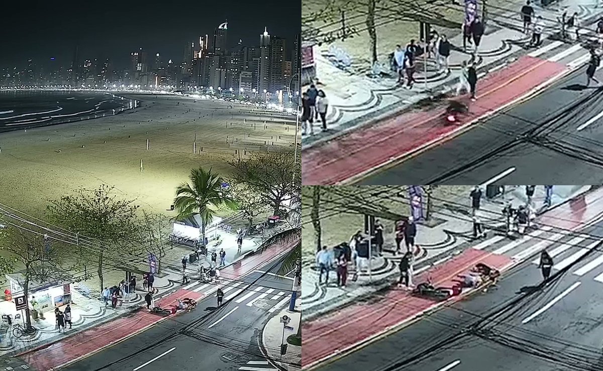 Dupla em scooter elétrica desvia de pedestres na ciclofaixa e cai em Balneário Camboriú; câmera flagra