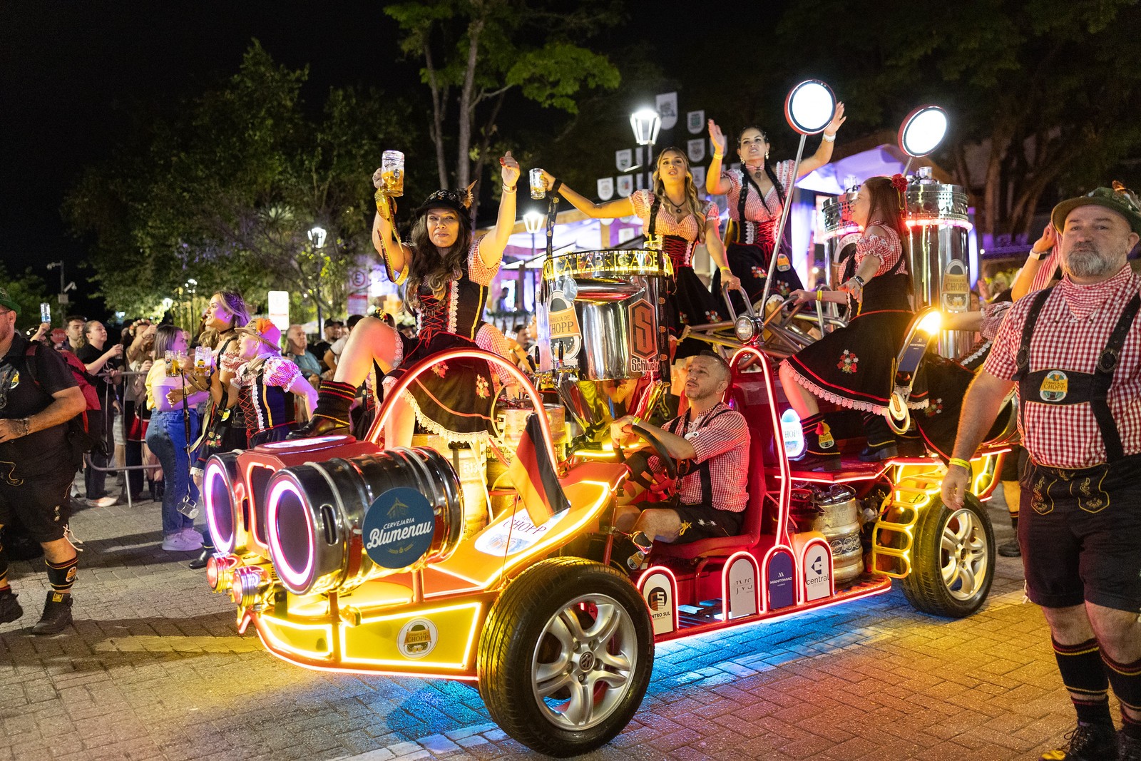 Carro alegórico iluminado no primeiro desfile da edição. Foto: Daniel Zimmermann/Prefeitura de Blumenau