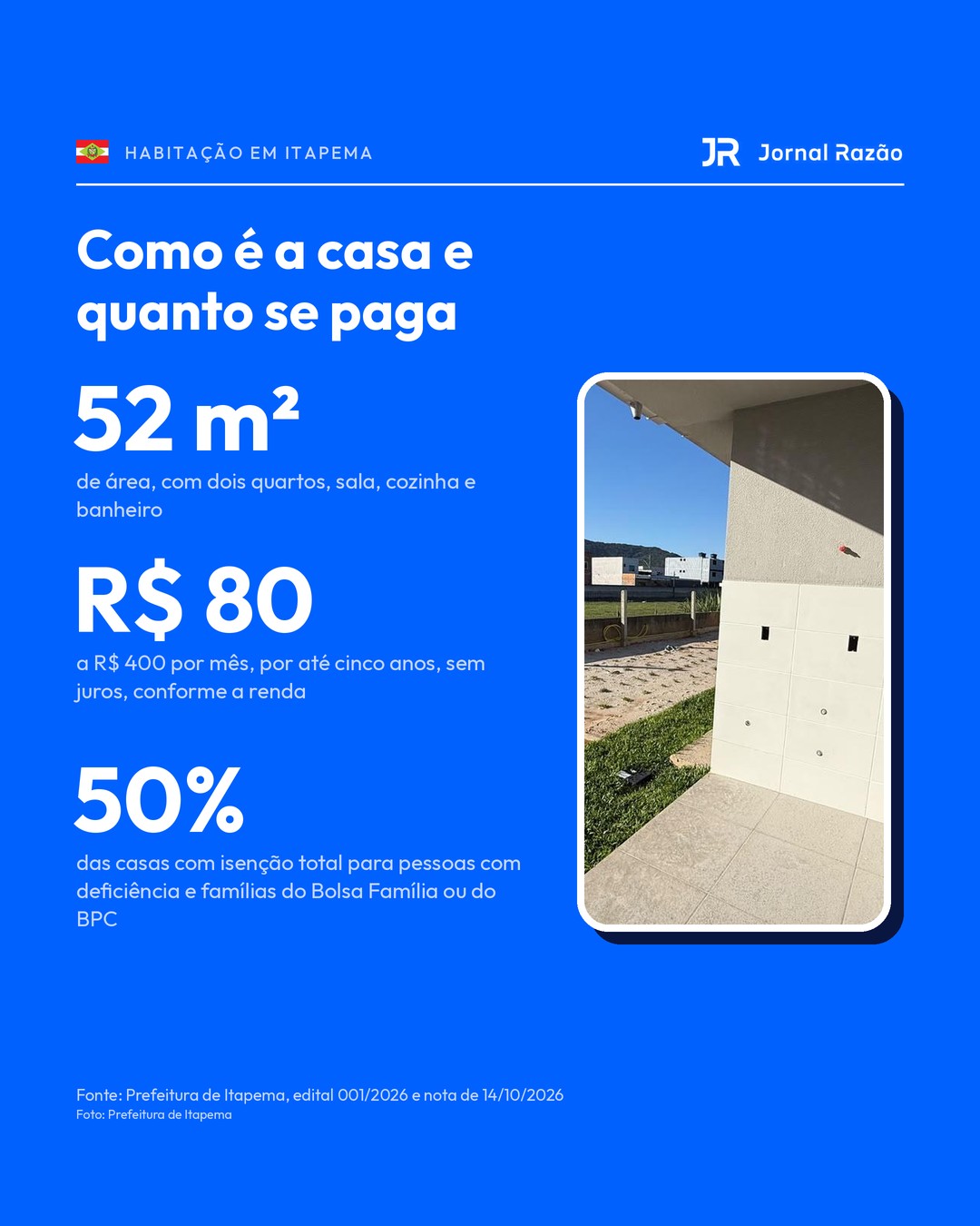 Casas de 52 m² com parcelas de R$ 80 a R$ 400 e metade isenta
