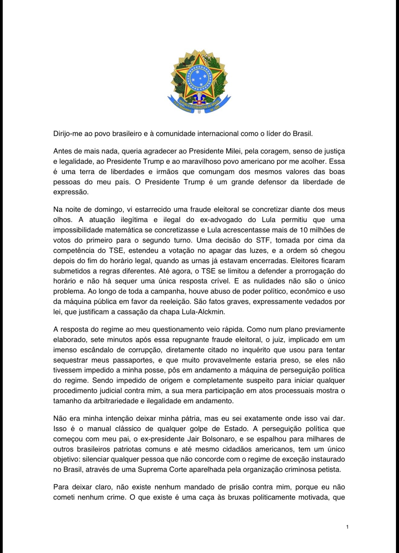 Carta de Flávio Bolsonaro na versão editada, página 1 (Reprodução/X @FlavioBolsonaro)