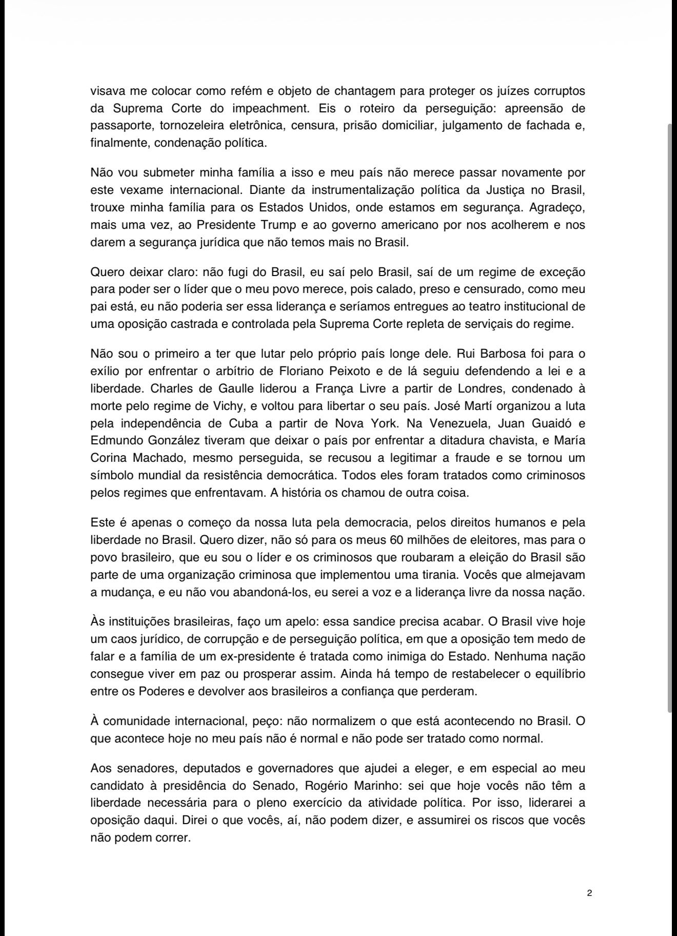 Carta de Flávio Bolsonaro na versão editada, página 2 (Reprodução/X @FlavioBolsonaro)