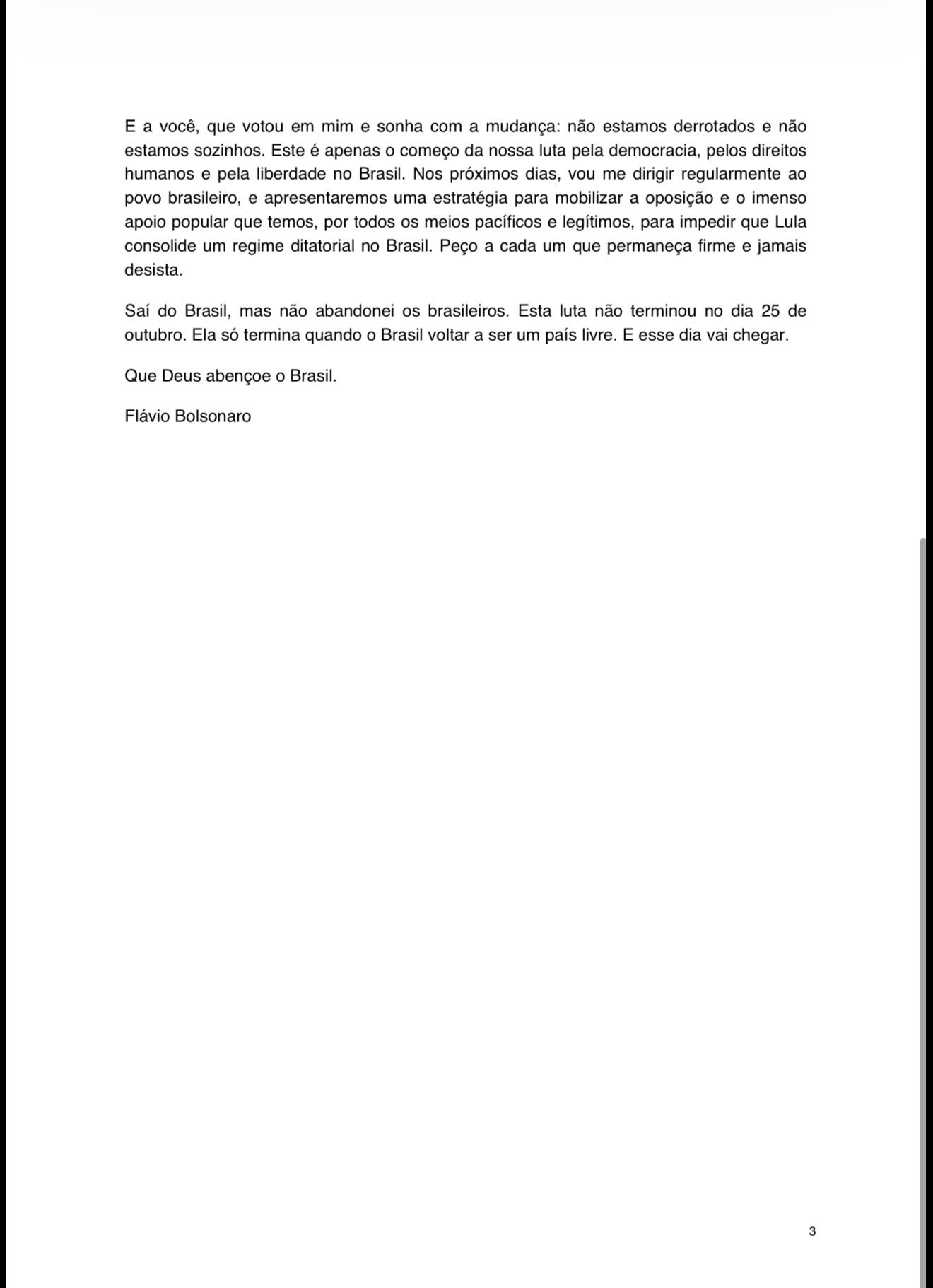 Carta de Flávio Bolsonaro na versão editada, página 3 (Reprodução/X @FlavioBolsonaro)