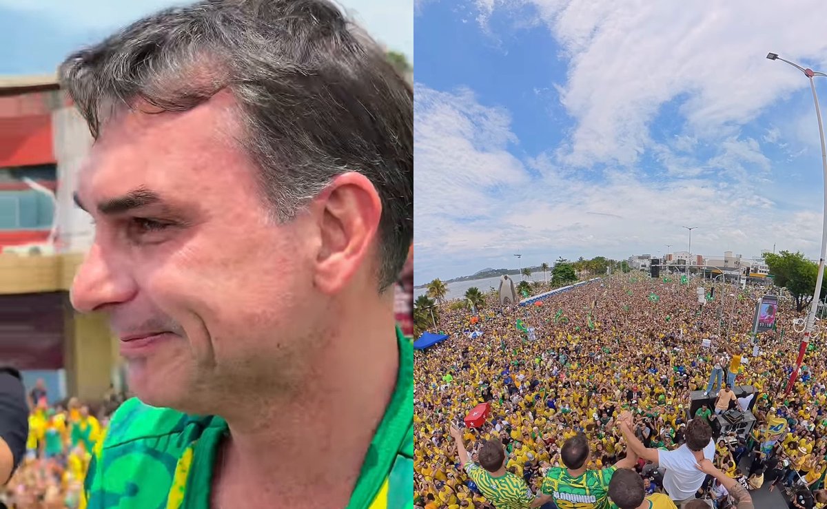 “Eu nunca vi isso”: em cima de trio, Flávio Bolsonaro se emociona e enxuga lágrimas diante de multidão