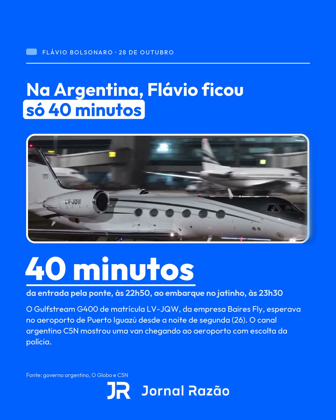 O Gulfstream G400 LV-JQW: 40 minutos entre a entrada e o embarque