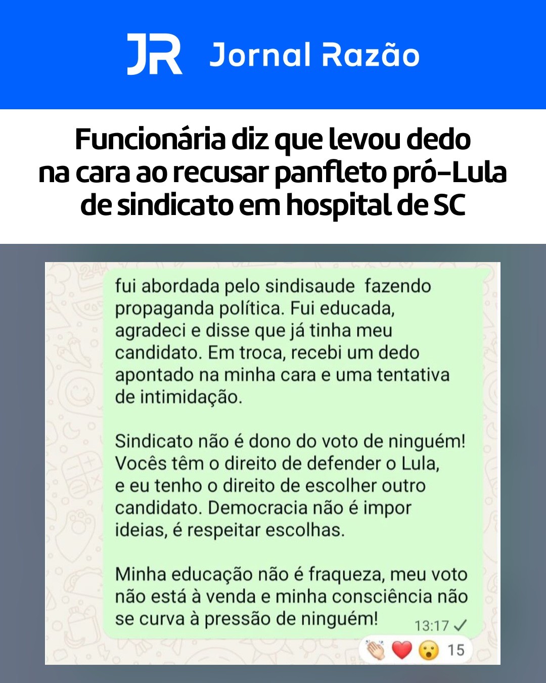 A mensagem da funcionária no grupo do hospital
