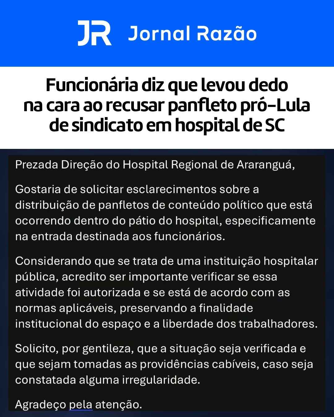 O e-mail enviado à direção do hospital