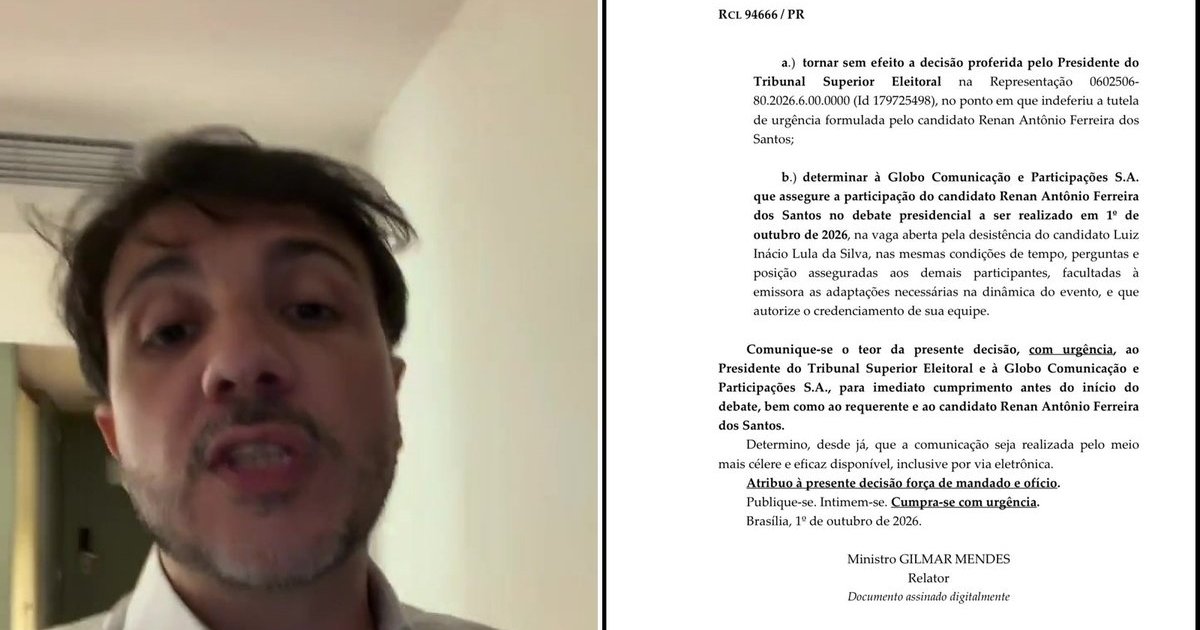 URGENTE: Gilmar Mendes derruba decisão do TSE e manda Globo pôr Renan Santos no debate na vaga de Lula