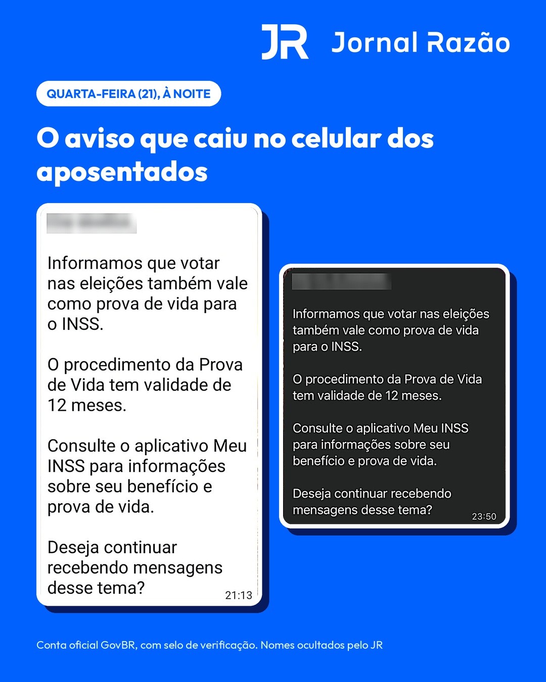 Mensagens da conta GovBR enviadas a aposentados, com nomes ocultados