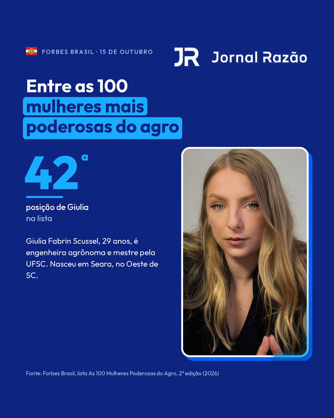 Giulia Fabrin Scussel é a 42ª na lista das 100 Mulheres Poderosas do Agro, da Forbes Brasil