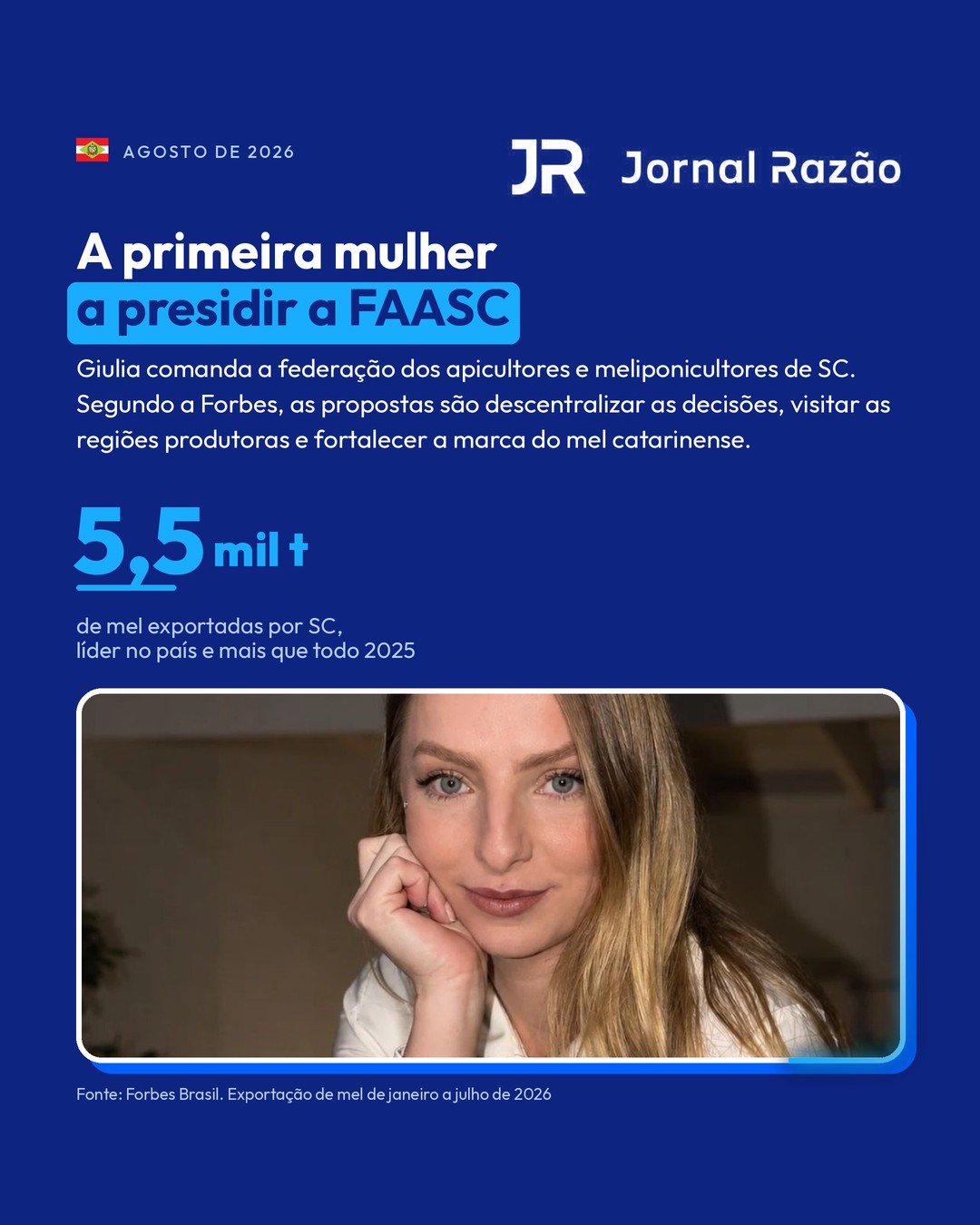 Giulia é a primeira mulher a presidir a FAASC; SC lidera a exportação de mel em 2026