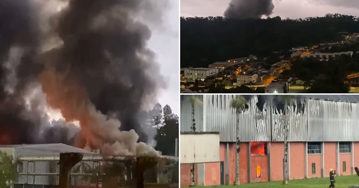Fumaça toma o céu: incêndio de grandes proporções atinge fábrica da Cremer em SC