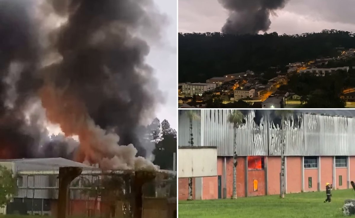 Fumaça toma o céu: incêndio de grandes proporções atinge fábrica da Cremer em SC