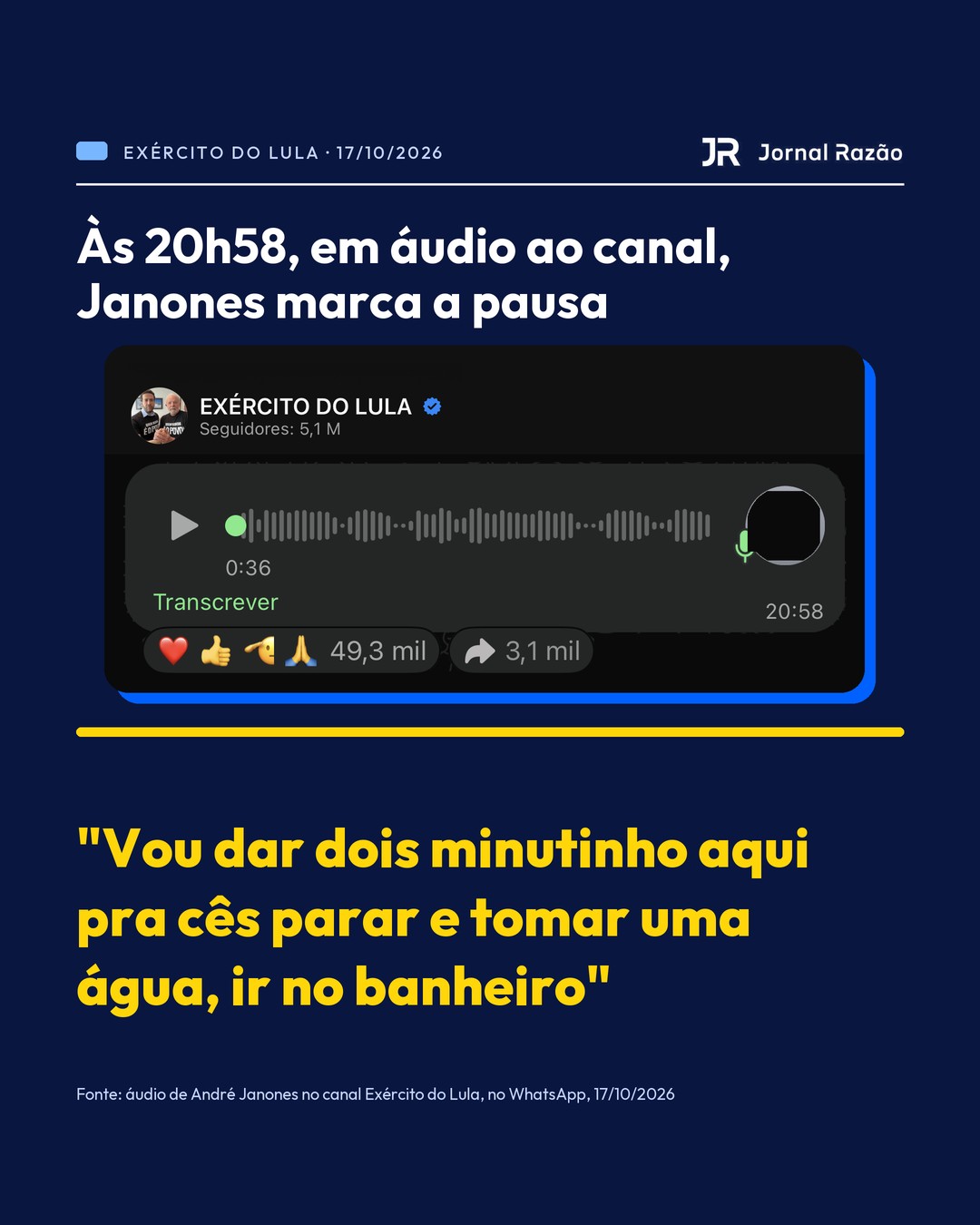 Áudio de Janones às 20h58 no canal Exército do Lula