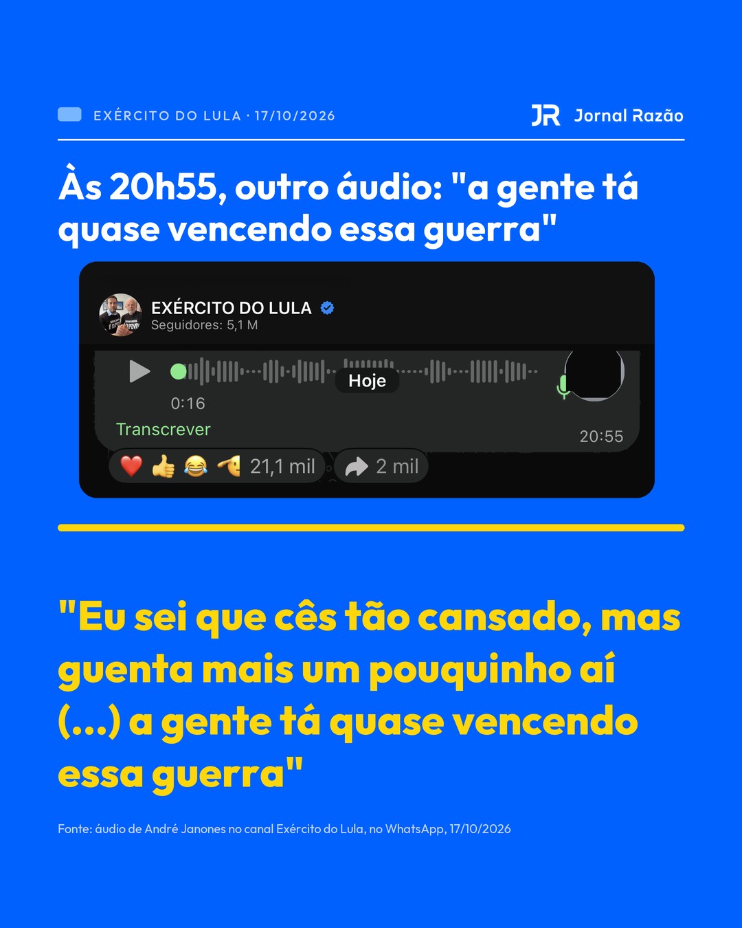 Áudio de Janones às 20h55: quase vencendo essa guerra