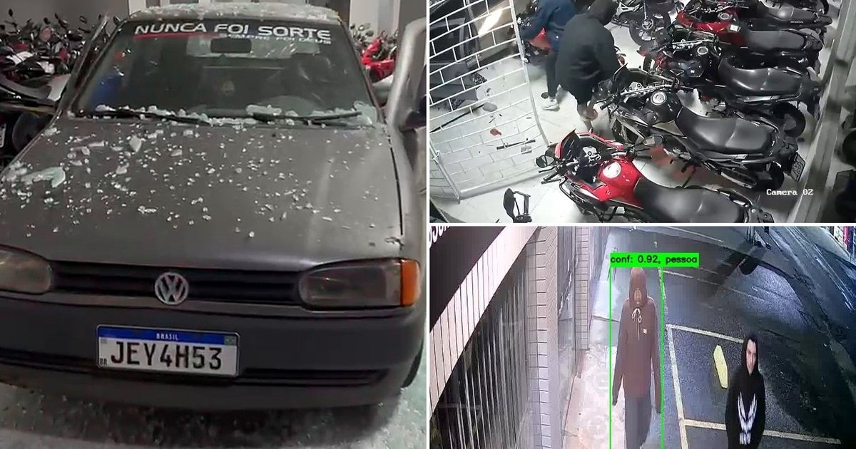 De ré contra a vitrine: ladrões usam carro furtado para invadir loja e levar motos em Santa Catarina