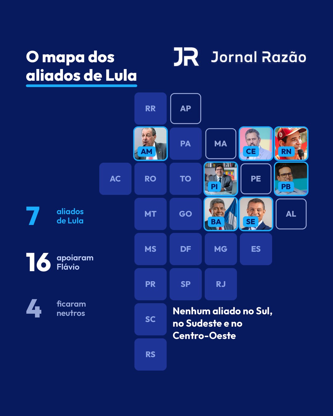 O mapa dos governadores eleitos: 7 aliados de Lula, 16 com Flávio e 4 neutros