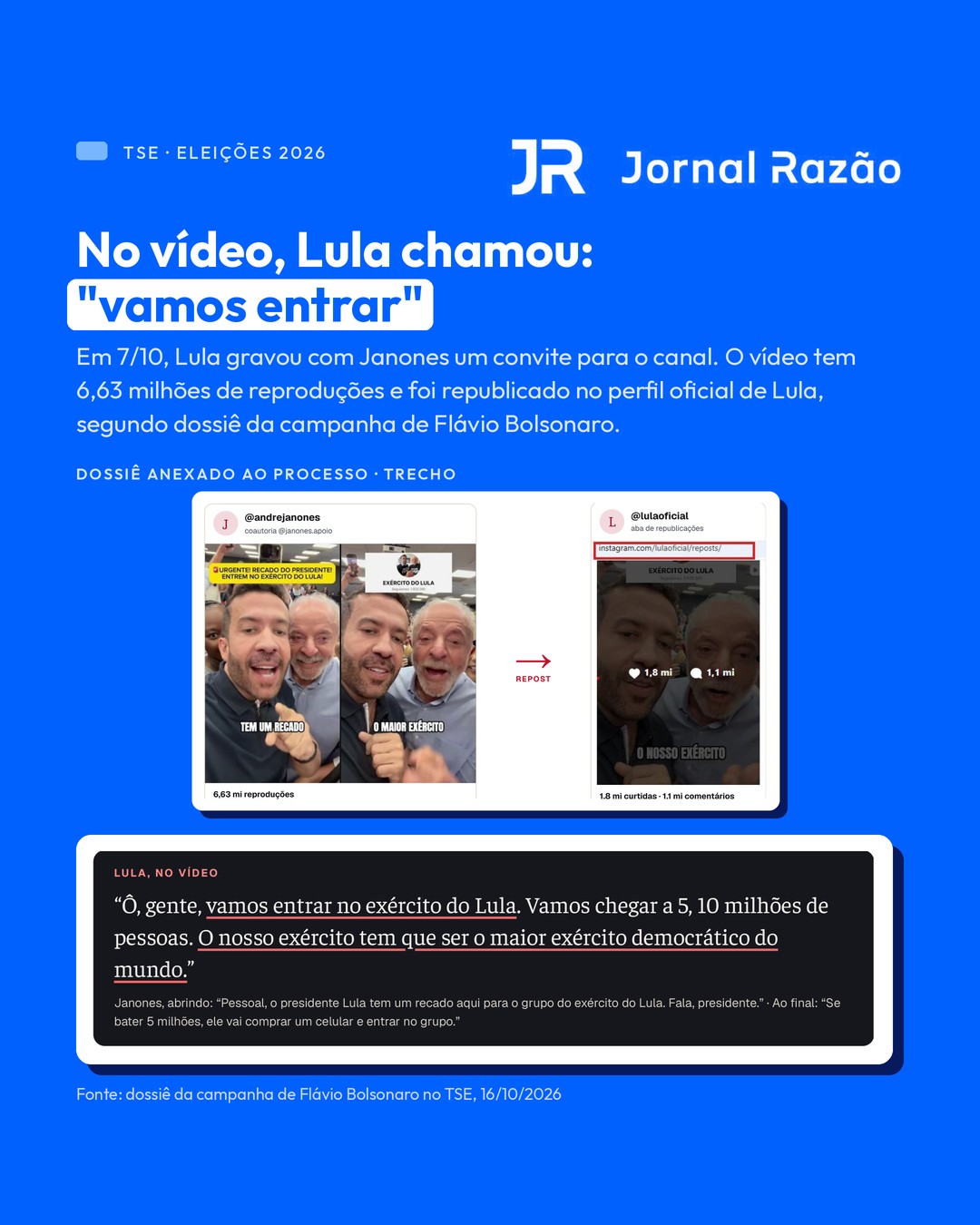 Lula no vídeo com Janones: vamos entrar no exército do Lula