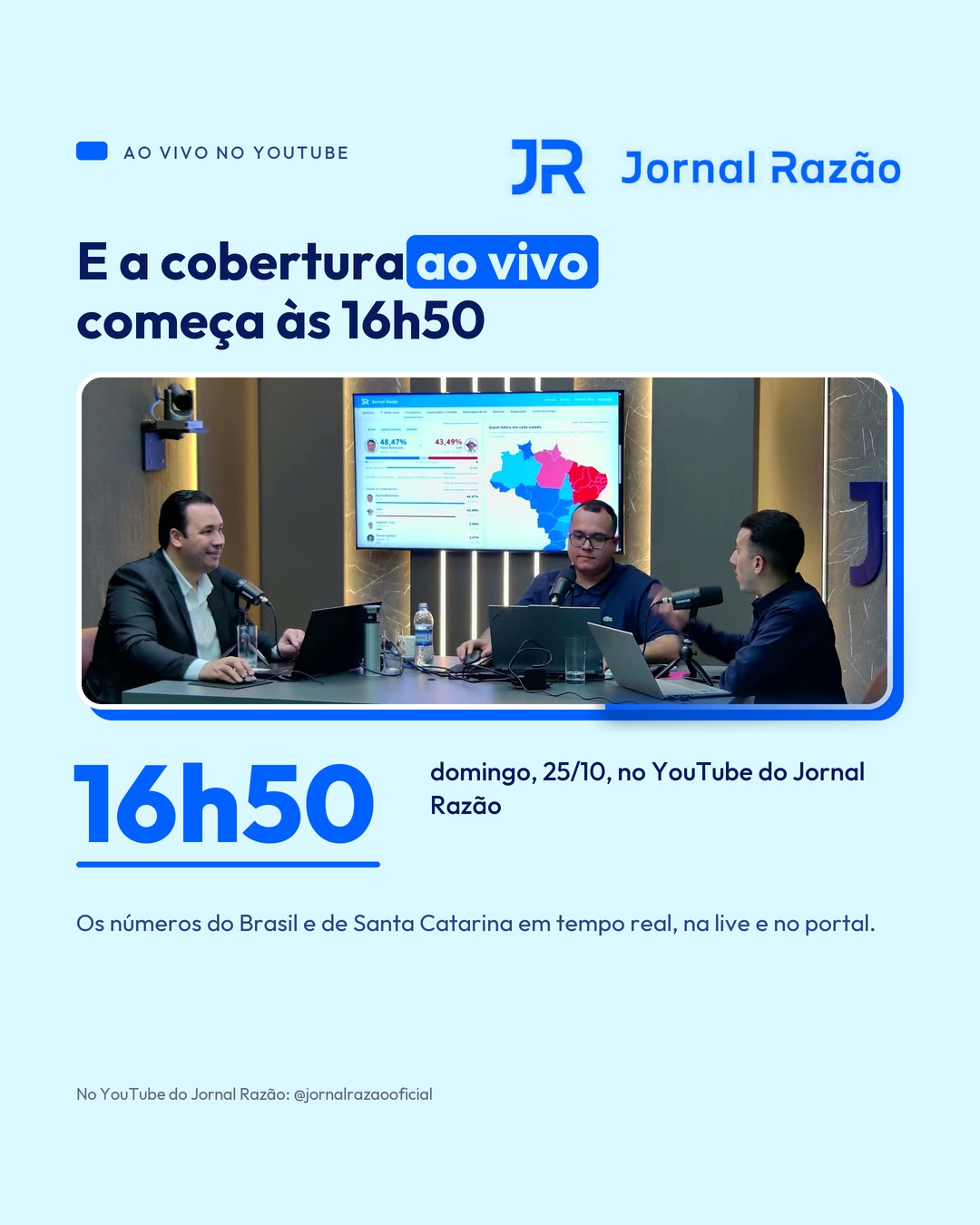 A cobertura ao vivo no YouTube do Jornal Razão começa às 16h50