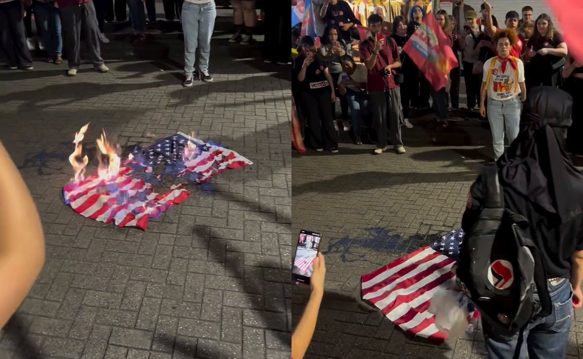 Manifestantes de extrema-esquerda queimam bandeira dos Estados Unidos durante ato por Lula em Blumenau