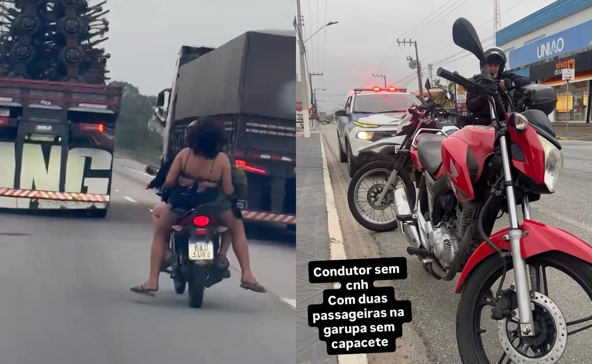 Sem CNH e com duas mulheres sem capacete na garupa: homem flagrado na BR-101 tem moto apreendida em Tijucas