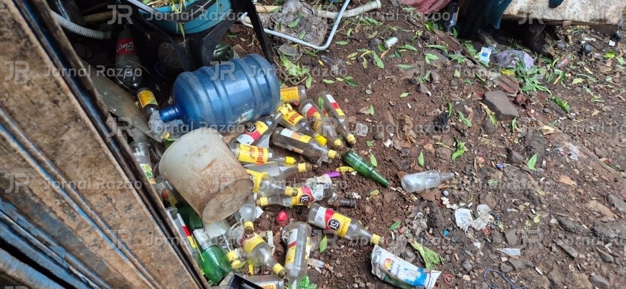 Garrafas de cachaça espalhadas no terreno