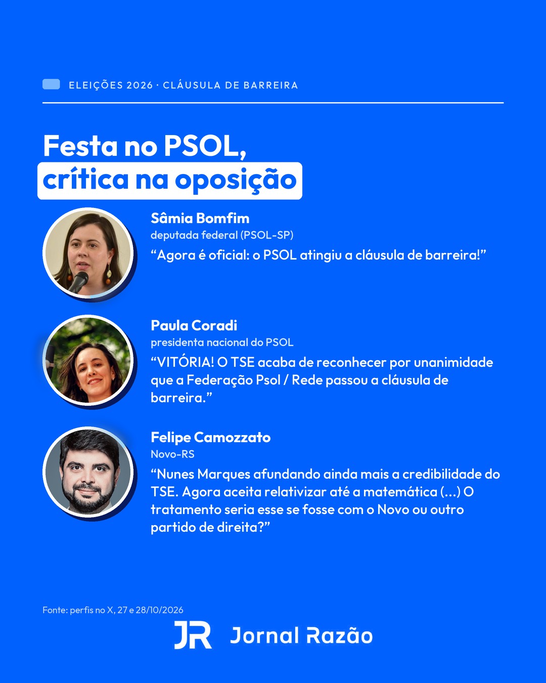 Sâmia Bomfim, Paula Coradi e Felipe Camozzato reagiram à decisão