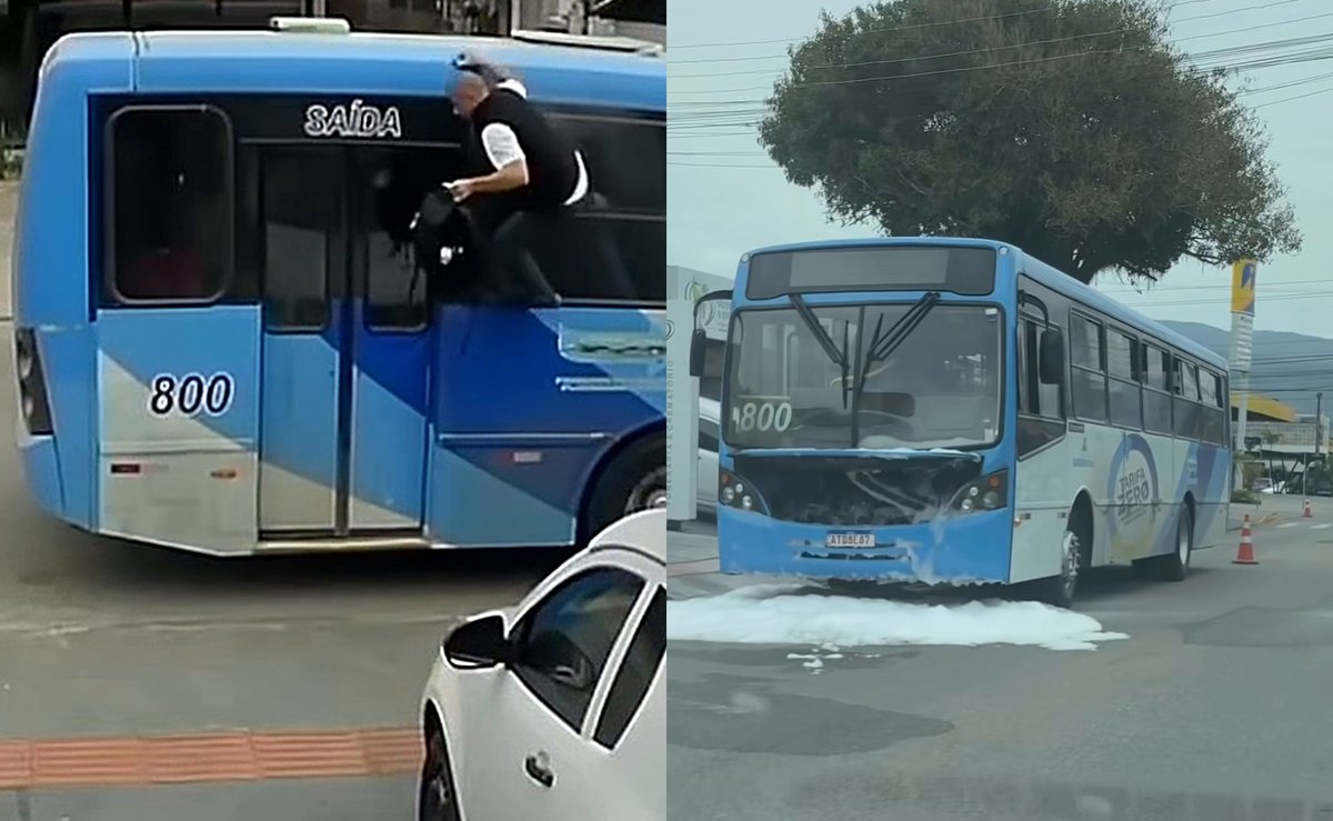 Desespero: ônibus pega fogo cheio de gente e passageiros pulam pela janela para escapar em SC