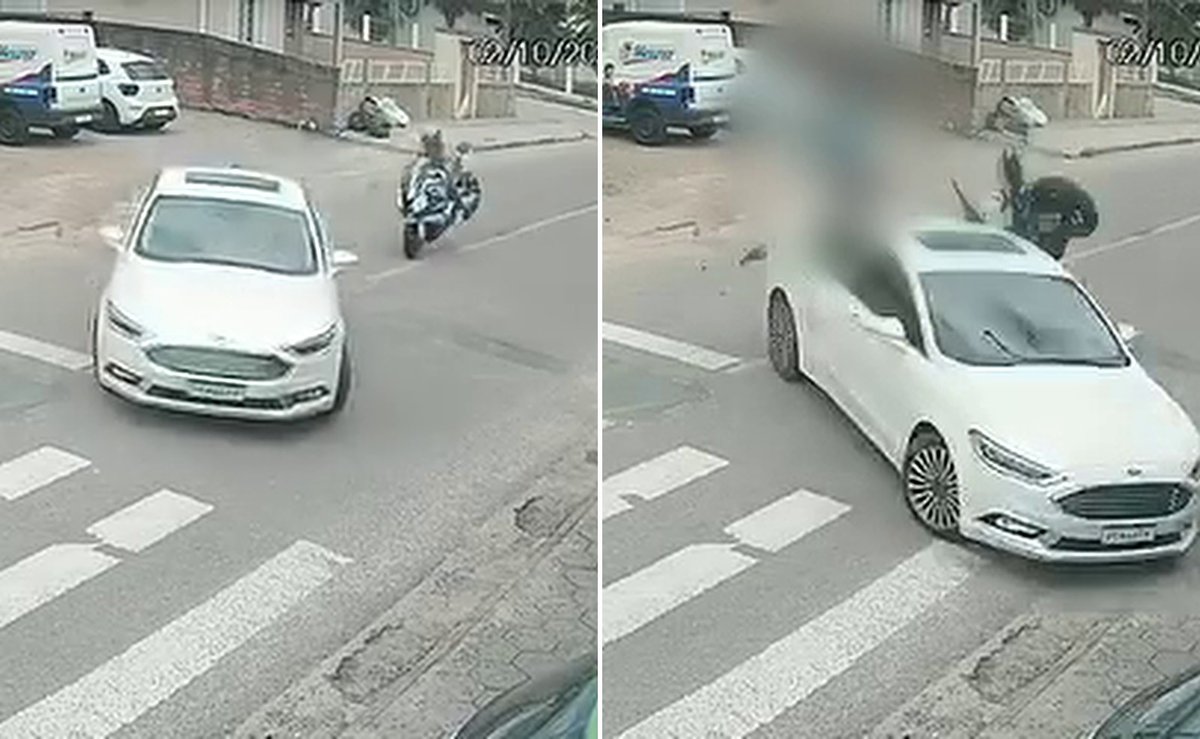 Câmera de outro ângulo confirma que motorista deu sinal desde a esquina antes de ser atingido por moto em SC