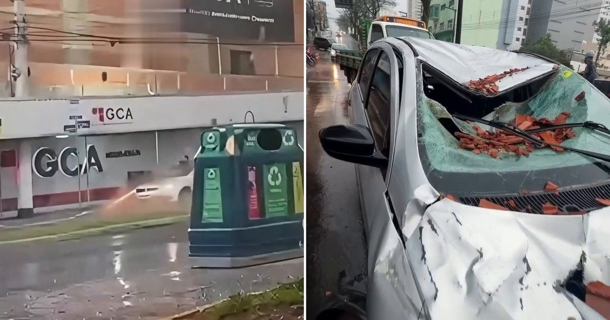 Ventania derruba parede de prédio em obra sobre carro com dois jovens no Centro de Chapecó