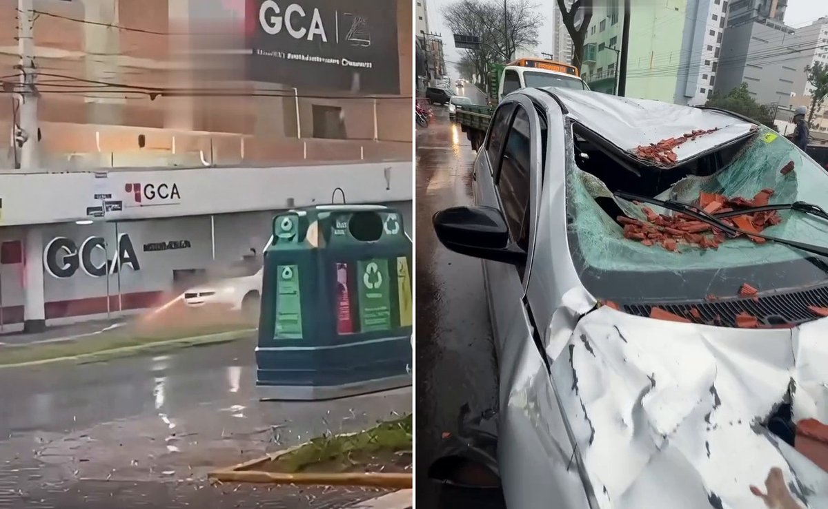 Ventania derruba parede de prédio em obra sobre carro com dois jovens no Centro de Chapecó