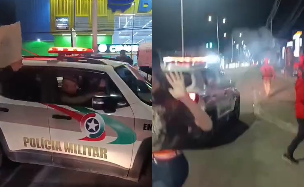 Vídeo mostra viatura da PMSC cercada antes de PMs reagirem com bala de borracha em Florianópolis