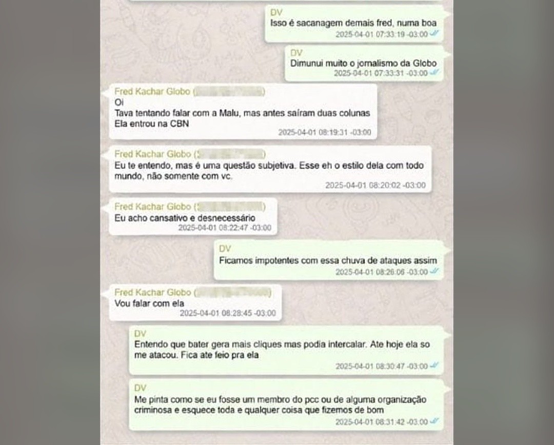 Print da conversa de 1º de abril de 2025 sobre a colunista Malu Gaspar